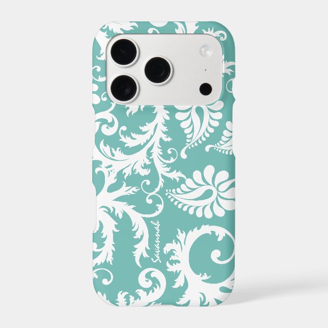 Aqua Blue And White Personalised Damask iPhone (Back)