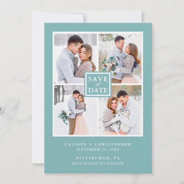 Aqua Blue and White Photo Collage Save the Date (Front)