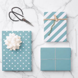 Aqua Blue and White Polka Dot and Stripe  Wrapping Paper Sheet