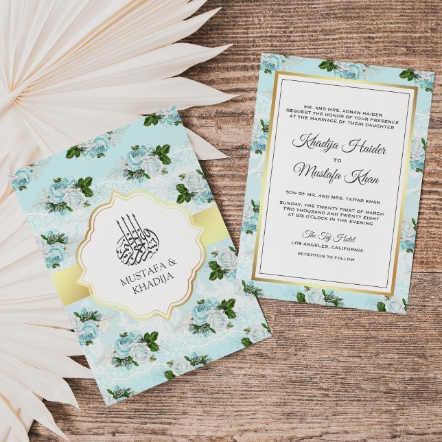 Aqua Blue and White Roses Floral Muslim Wedding Invitation (Creator Uploaded)