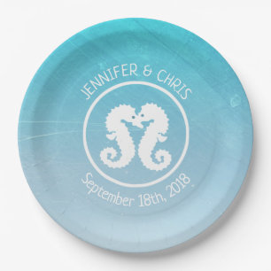 Aqua Blue and White Seahorse Paper Plates