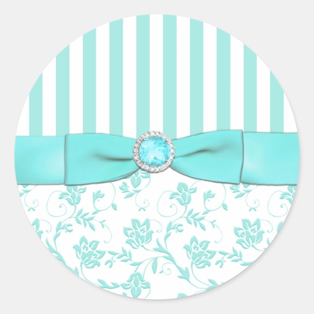 Aqua Blue and White Striped Floral Envelope Seal (Front)