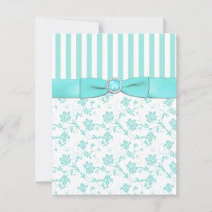 Aqua Blue and White Striped Floral RSVP Card