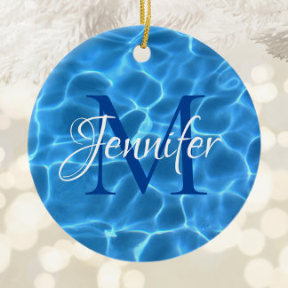 Aqua Blue and White Swimming Pool Photo Monogram Ceramic Tree Decoration