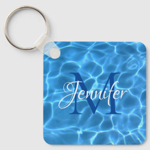 Aqua Blue and White Swimming Pool Photo Monogram Key Ring