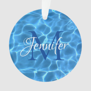 Aqua Blue and White Swimming Pool Photo Monogram Ornament
