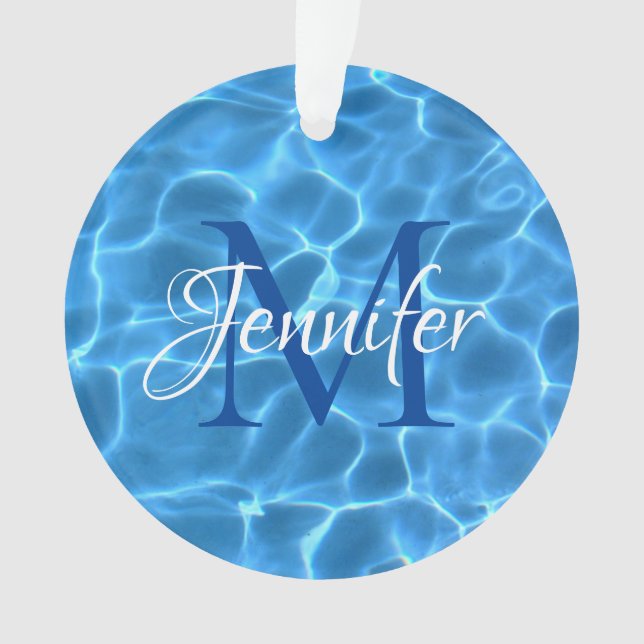 Aqua Blue and White Swimming Pool Photo Monogram Ornament (Front)