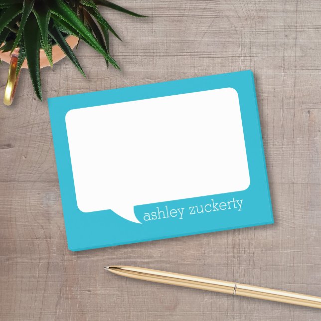 Aqua Blue and White Talk Bubble Personalised Name Post-it Notes (A fun talk bubble design for a personalized post-it notepad. Add your name for a fun office gift.)