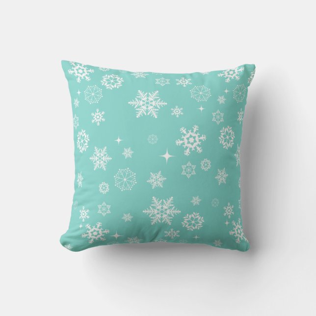 Aqua Blue and White Winter Snowflakes Cushion (Front)