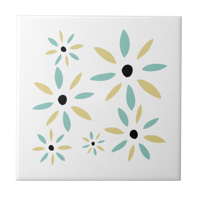 Aqua Blue And Yellow Mid Mod Retro Flowers Tile (Front)