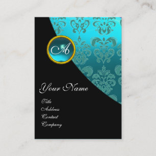 AQUA BLUE AQUAMARINE DAMASK MONOGRAM turquase,Teal Business Card