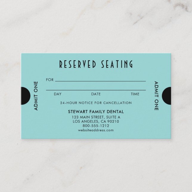 Aqua Blue Art Deco Reserved Seating Dental Appointment Card (Front)