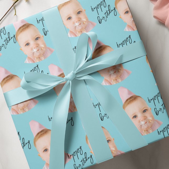 Aqua Blue Baby Face Birthday |  Custom Photo Wrapping Paper (Creator Uploaded)