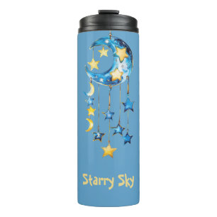 Aqua Blue Background Starry Sky Yellow Stars Moons Thermal Tumbler