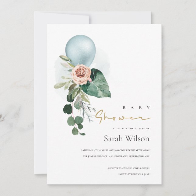 AQUA BLUE BALLOON FLORAL BUNCH BABY SHOWER INVITE (Front)
