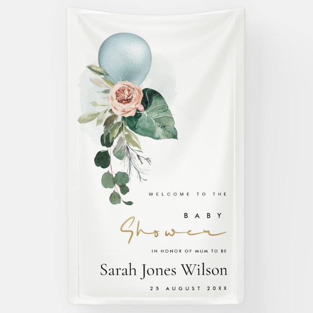 AQUA BLUE BALLOON PEACH FLORAL BUNCH BABY SHOWER  BANNER (Vertical)