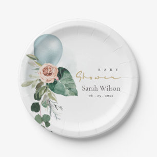 AQUA BLUE BALLOON PEACH FLORAL BUNCH BABY SHOWER PAPER PLATE