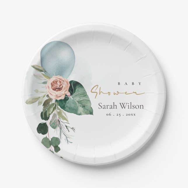 AQUA BLUE BALLOON PEACH FLORAL BUNCH BABY SHOWER PAPER PLATE (Front)
