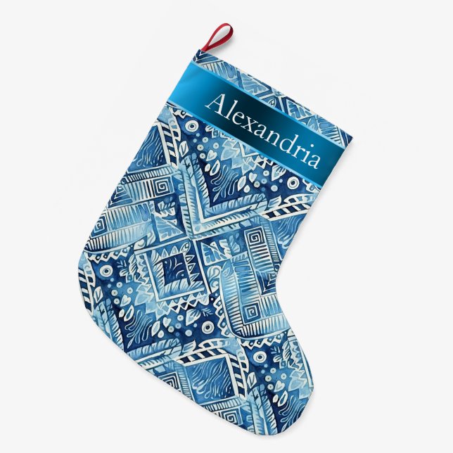 Aqua Blue Batik Christmas Name Large Christmas Stocking (Front (Hanging))