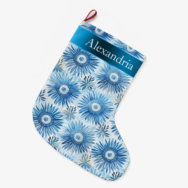 Aqua Blue Batik Floral Christmas Name Large Christmas Stocking (Front (Hanging))