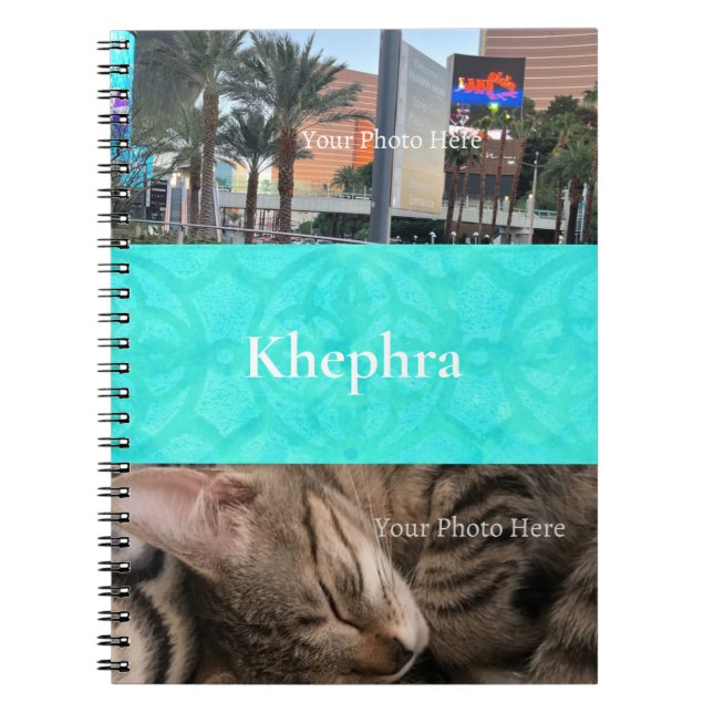 Aqua Blue Batik Name and Photo Collage Notebook (Front)