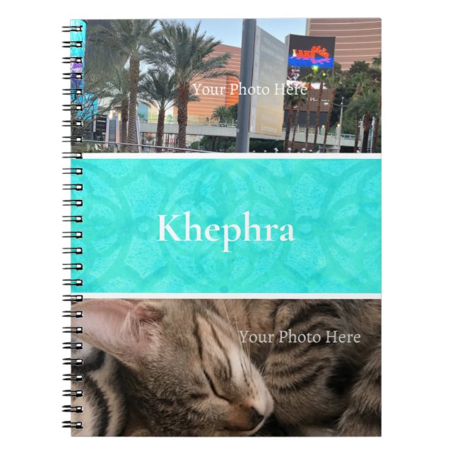 Aqua Blue Batik Photo Collage, Border, Name Notebook (Front)