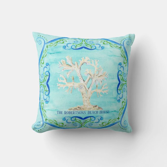 Aqua Blue Beach House Home Decor Coral Scrollwork Cushion (Front)