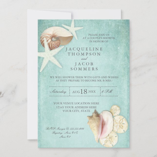 Aqua Blue Beach Ocean Shell Sand Couples Shower Invitation (Front)