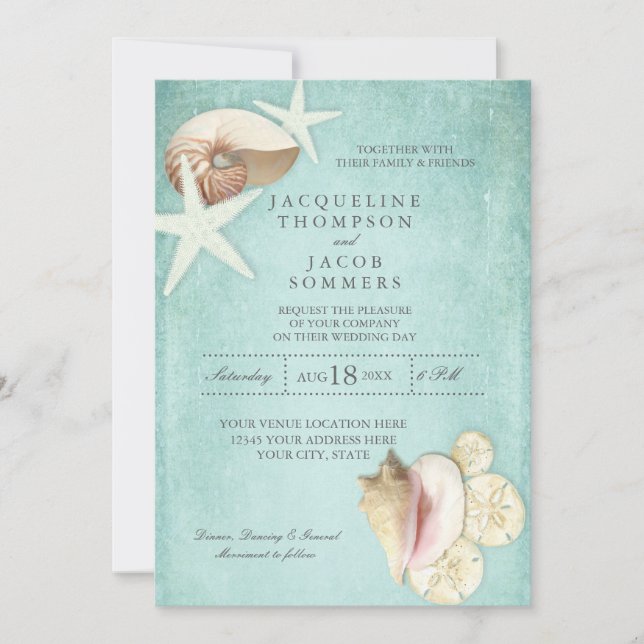 Aqua Blue Beach Ocean Shell Sand Seashells Wedding Invitation (Front)