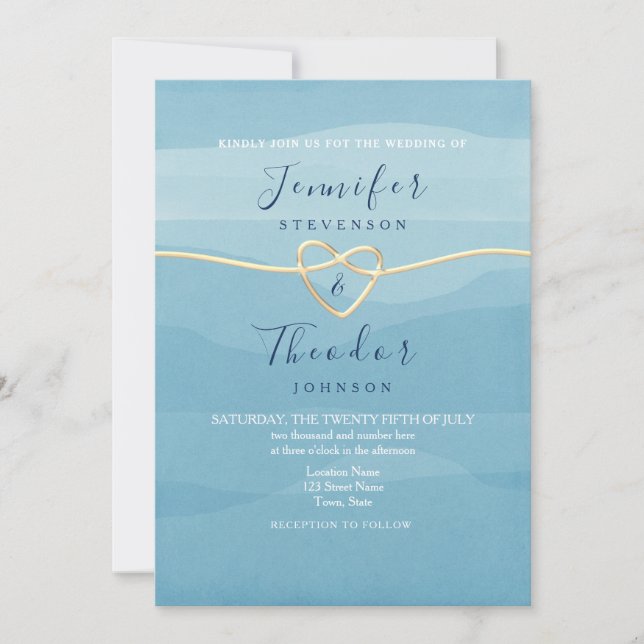 Aqua Blue Beach Wedding Invitation with Gold Heart (Front)