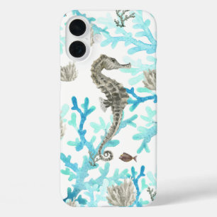 Aqua Blue Beige Coral And Seahorse Sealife  iPhone 16 Plus Case