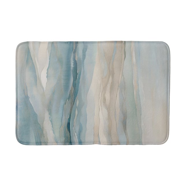 Aqua Blue Beige Teal Cream Abstract Wave Pattern Bath Mat (Front)