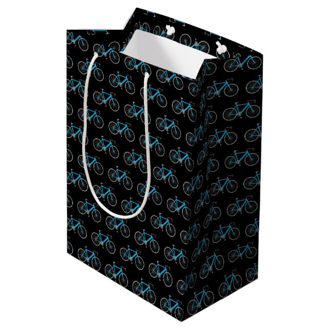 Aqua blue bicycle on black medium gift bag (Back Angled)