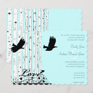Aqua Blue Birch Tree Love Bird Wedding Invitations