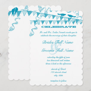 Aqua Blue Bird Bunting Pennant Wedding Invitations