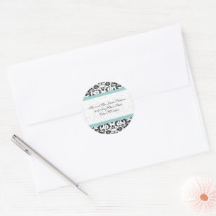 Aqua Blue Black Damask Address Wedding Stickers