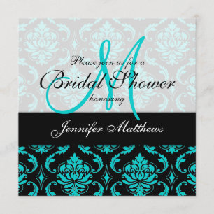 Aqua Blue Black Damask Bridal Shower Invitation