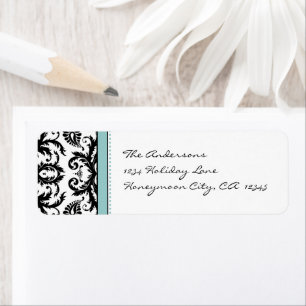 Aqua Blue & Black Damask Dots Address Labels