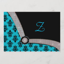 Aqua Blue & Black Damask Gem Sparkle