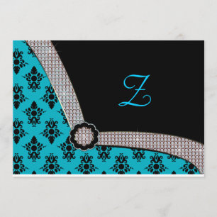 Aqua Blue & Black Damask Gem Sparkle Invitation