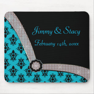 Aqua Blue & Black Damask Gem Sparkle Mouse Mat
