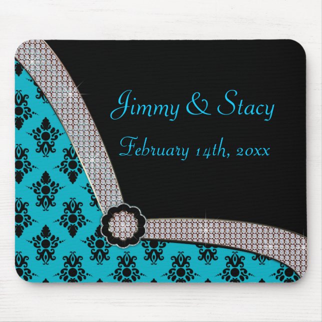 Aqua Blue & Black Damask Gem Sparkle Mouse Mat (Front)