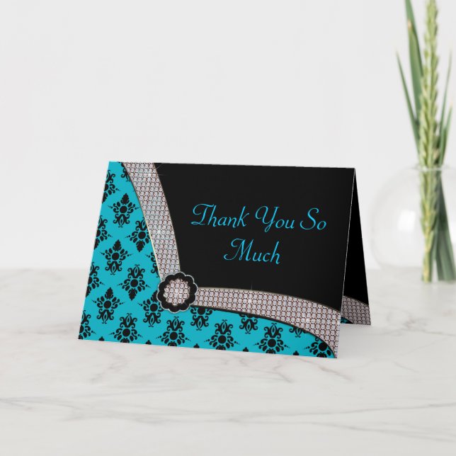 Aqua Blue & Black Damask Gem Sparkle Thank You Card (Front)