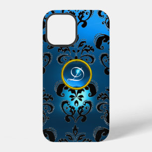 AQUA BLUE BLACK DAMASK GEMSTONE MONOGRAM iPhone 12 CASE
