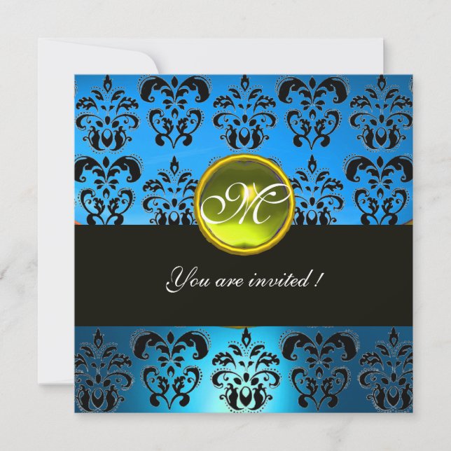 AQUA BLUE BLACK  DAMASK MONOGRAM, yellow topaz Invitation (Front)