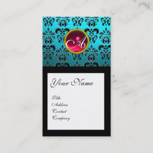 AQUA BLUE BLACK DAMASK SQUARE RUBY GEM MONOGRAM BUSINESS CARD