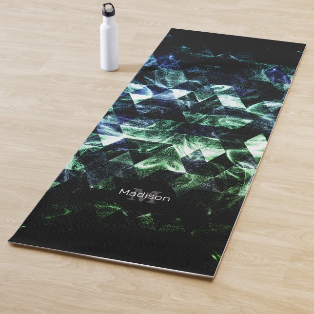 Aqua blue Black Geometric Smoky Abstract Monogram Yoga Mat (In Situ)