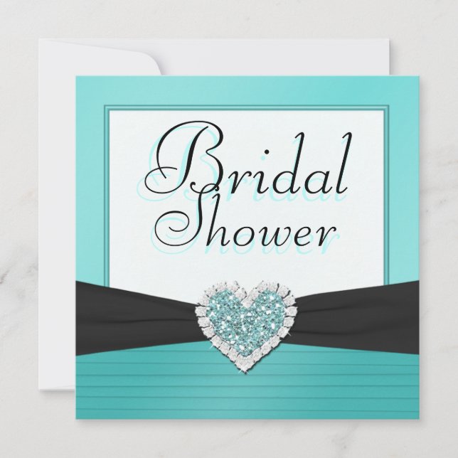 Aqua Blue & Black Glitter Heart Wedding Shower Invitation (Front)