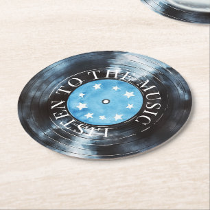 Aqua Blue Black Record Music Round Paper Coaster