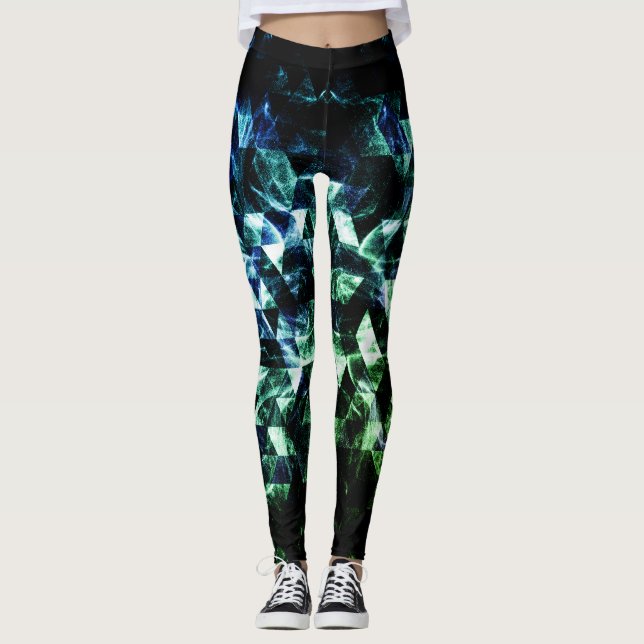 Aqua blue Black Triangle Geometric Smoky Abstract Leggings (Front)